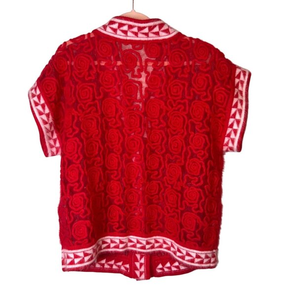 Vintage Gee Gee Red & White Angora Blend Cardigan Sweater Rose & Lace Button & P - Picture 2 of 5